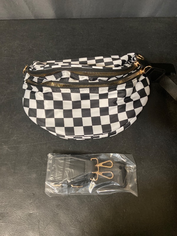 Photo 1 of Checkered Crossbody Bum Bags for Women Nylon Checkered Purse Checkerboard Fanny Pack- Black & White