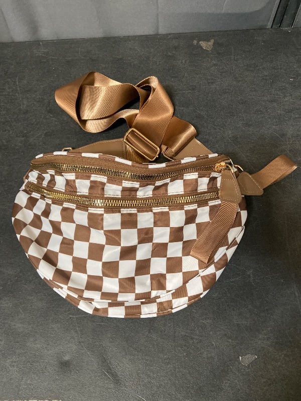 Photo 1 of Checkered Crossbody Bum Bags for Women Nylon Checkered Purse Checkerboard Fanny Pack - Brown & White