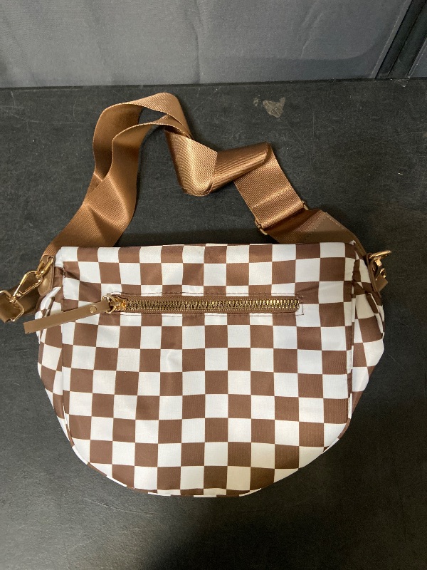 Photo 1 of Checkered Crossbody Bum Bags for Women Nylon Checkered Purse Checkerboard Fanny Pack - Brown & White