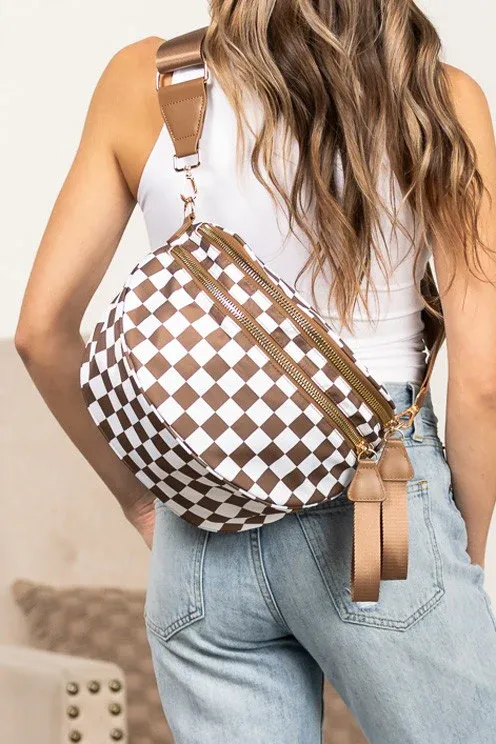 Photo 1 of Checkered Crossbody Bum Bags for Women Nylon Checkered Purse Checkerboard Fanny Pack - Brown & White