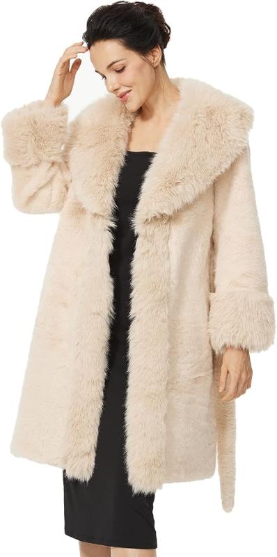 Photo 1 of Size M Women Faux Fur Coat Long Warm Winter Coat Turn-Down Collar Faux Fur Jacket with Belt Winter Jacket with Pockets Solid Color