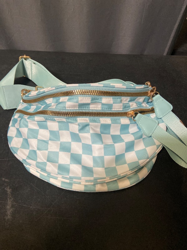 Photo 1 of Checkered Crossbody Bum Bags for Women Nylon Checkered Purse Checkerboard Fanny Pack - Baby Blue & White