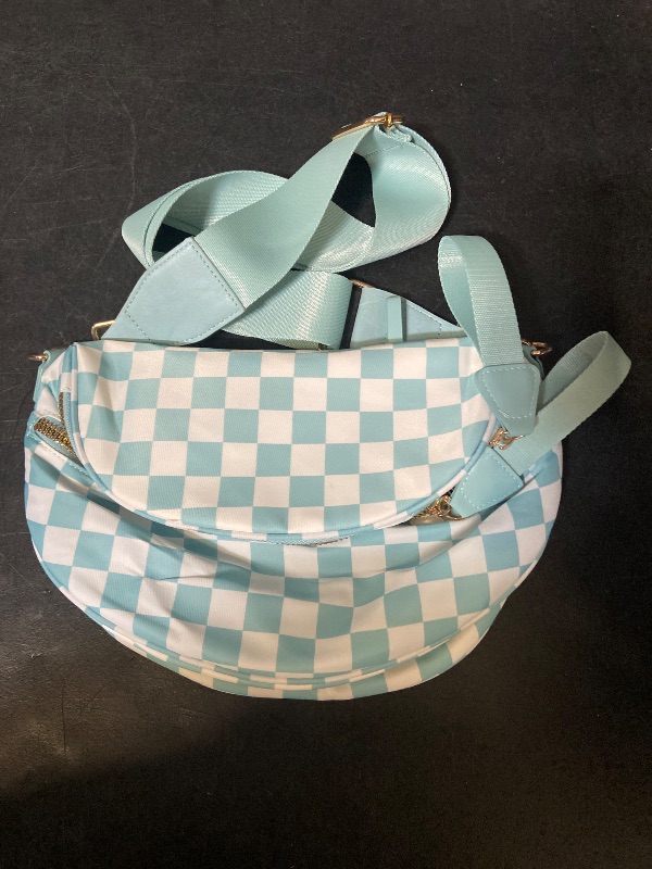 Photo 1 of Checkered Crossbody Bum Bags for Women Nylon Checkered Purse Checkerboard Fanny Pack - Baby Blue & White