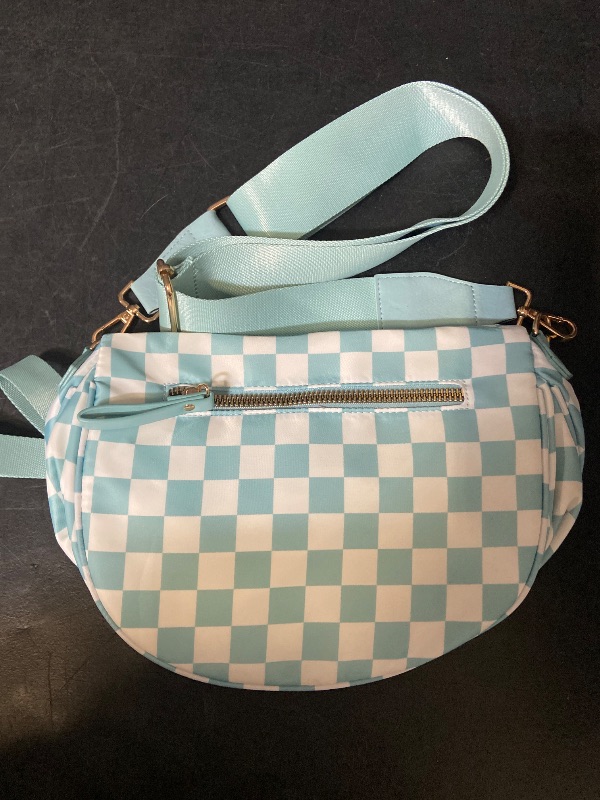 Photo 1 of Checkered Crossbody Bum Bags for Women Nylon Checkered Purse Checkerboard Fanny Pack - Baby Blue & White