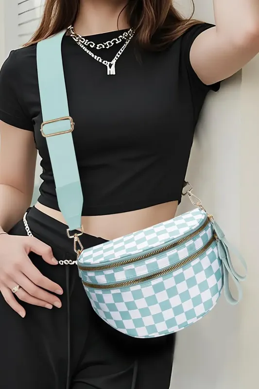 Photo 1 of Checkered Crossbody Bum Bags for Women Nylon Checkered Purse Checkerboard Fanny Pack - Baby Blue & White