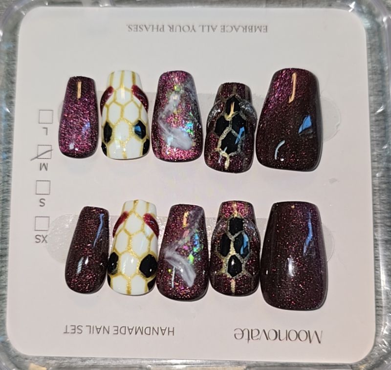 View 2 of Moonovate Medium Press-On Nails Purple Burgundy Glitter & Snake / Bee Abstract Design