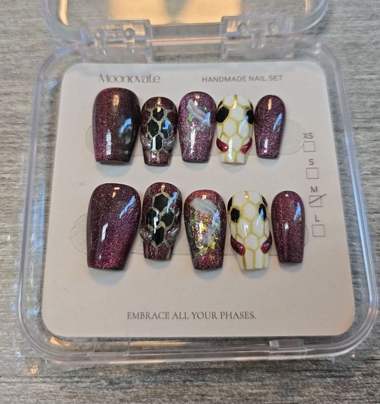 View 3 of Moonovate Medium Press-On Nails Purple Burgundy Glitter & Snake / Bee Abstract Design