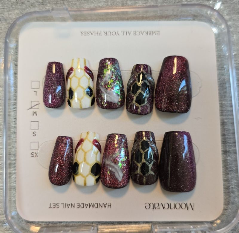 Photo 1 of Moonovate Medium Press-On Nails Purple Burgundy Glitter & Snake / Bee Abstract Design