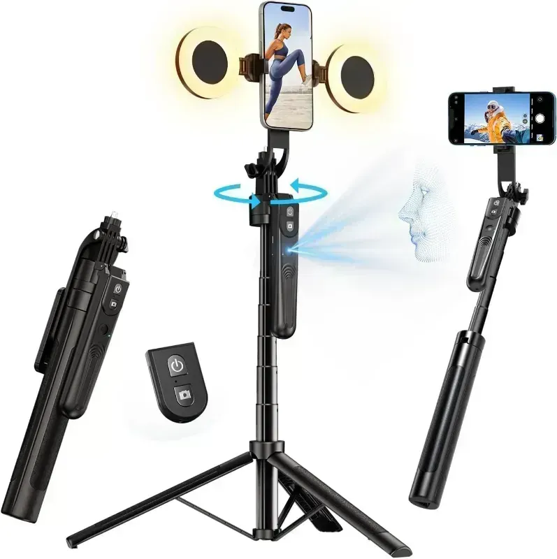 Photo 1 of Extendable Auto Face Tracking Tripod 360° Rotation with Light, No App, 70.9" Motion Sensor Phone Tripod Stand, Face Body Phone Camera Mount Gesture Control for Vlog/Live Stream/Video Recording