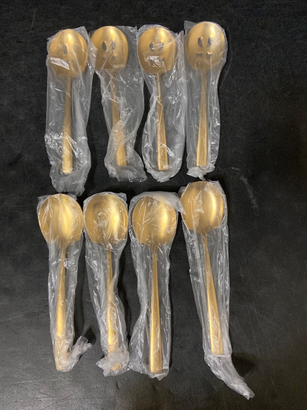 Photo 1 of HANSGO 8-piece gold spoon set features restaurant-grade 410 stainless steel construction. These gold-finished utensils are typically 8.5 inches long with a 1.6-inch wide head