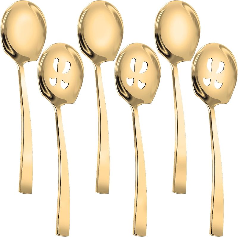 Photo 1 of HANSGO 8-piece gold spoon set features restaurant-grade 410 stainless steel construction. These gold-finished utensils are typically 8.5 inches long with a 1.6-inch wide head