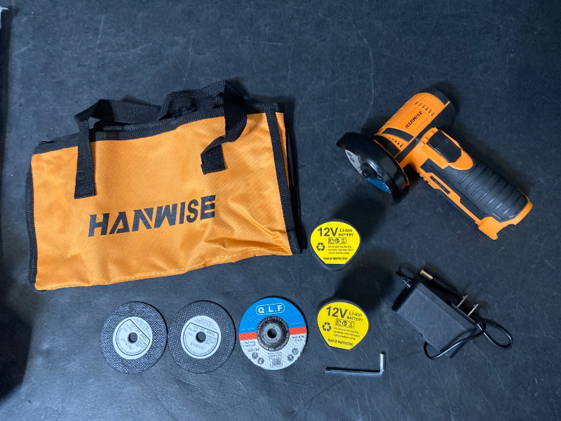 Photo 1 of HANWISE rechargeable mini angle grinder, equipped with cordless lithium battery, is very suitable for home use. It is compact, portable, multifunctional, metal polisher, suitable for wood and metal polishing