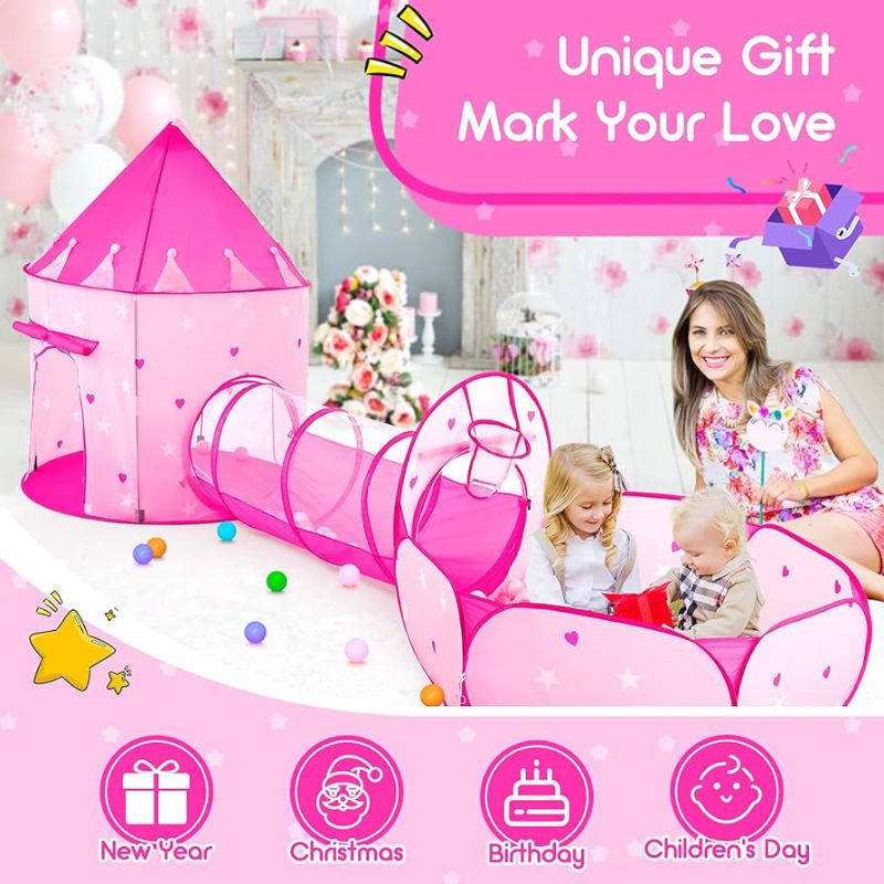 View 1 of 3pc Kids Play Tent for Girls with Ball Pit, Crawl Tunnel, Princess Tents for Toddlers, Baby Space World Playhouse Toys, Boys Indoor& Outdoor Play House, Perfect Kid’s Gifts