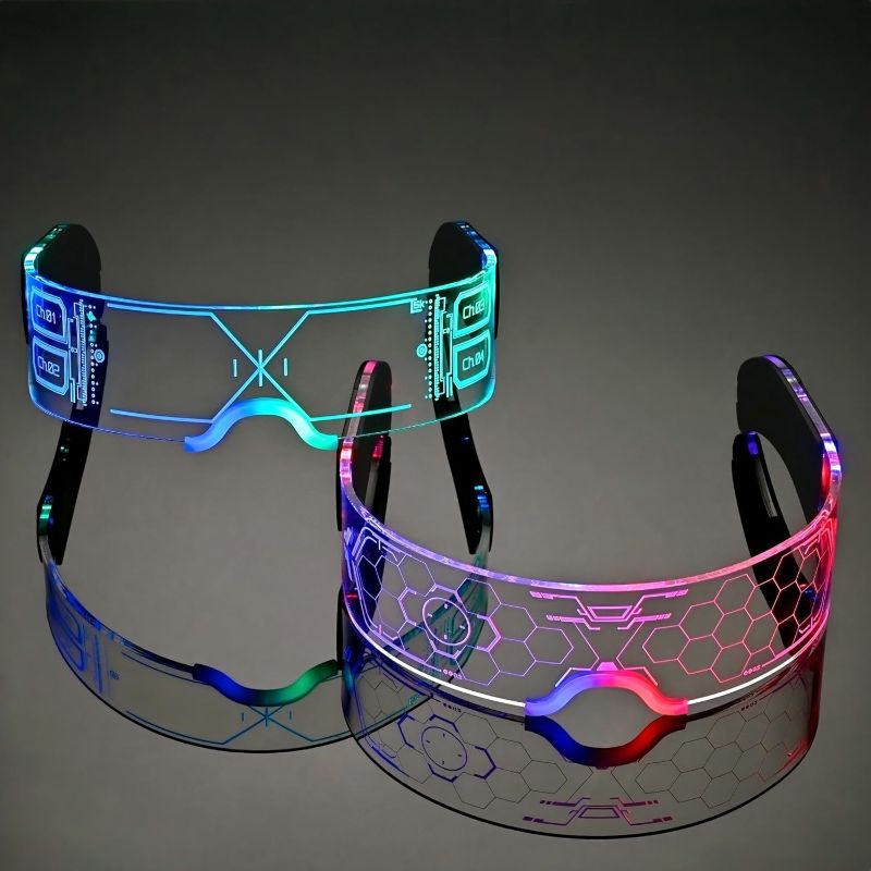 Photo 1 of 2 Pairs Light Up Glasses For Party LED Glasses For Adults Kids Futuristic Sunglasses Cosplay Costume Glow In Dark Accessories (Concise style)