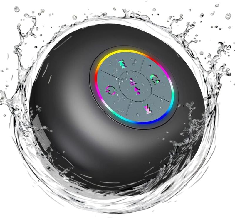 Photo 1 of Bluetooth Shower Speaker with LED – Portable Wireless Mini Speaker with Mic & Suction Cup, IPX4 Water Resistant for Shower, Travel, Pool, River Floating, and Outdoor Fun (Black)