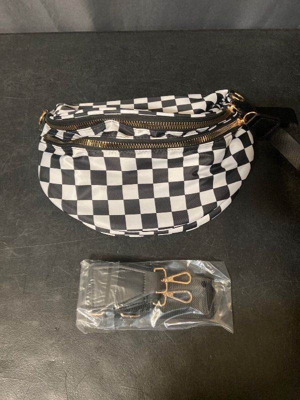 Photo 1 of Checkered Crossbody Bum Bags for Women Nylon Checkered Purse Checkerboard Fanny Pack- Black & White