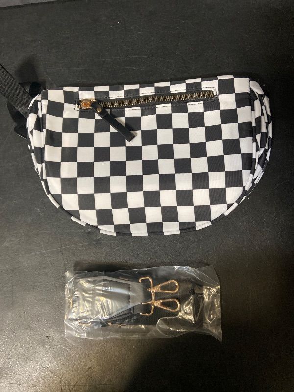 Photo 1 of Checkered Crossbody Bum Bags for Women Nylon Checkered Purse Checkerboard Fanny Pack- Black & White