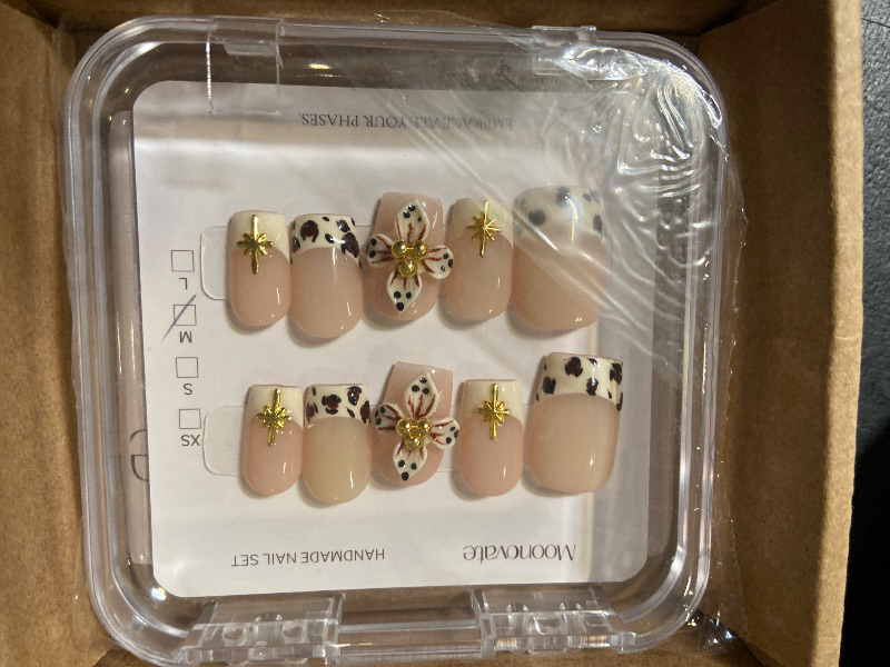 Photo 1 of 2pk Press on Nails Stiletto & Square Fake Nails with 3D Flower Steel Ball Designs Pink French Tips False Nails Full Cover Glossy Nude Artificial Acrylic Nails Spring Summer Glue on Nails for Women.