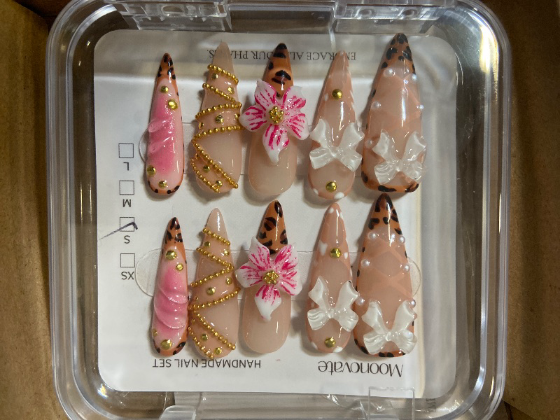 Photo 1 of 2pk Press on Nails Stiletto & Square Fake Nails with 3D Flower Steel Ball Designs Pink French Tips False Nails Full Cover Glossy Nude Artificial Acrylic Nails Spring Summer Glue on Nails for Women.