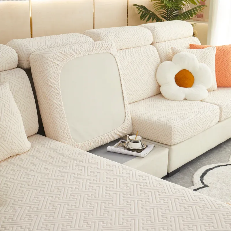 Photo 1 of Size L Base Cushions Geometric Polyester Velvet Stretch Sofa Cover for individual cushions (Peach)