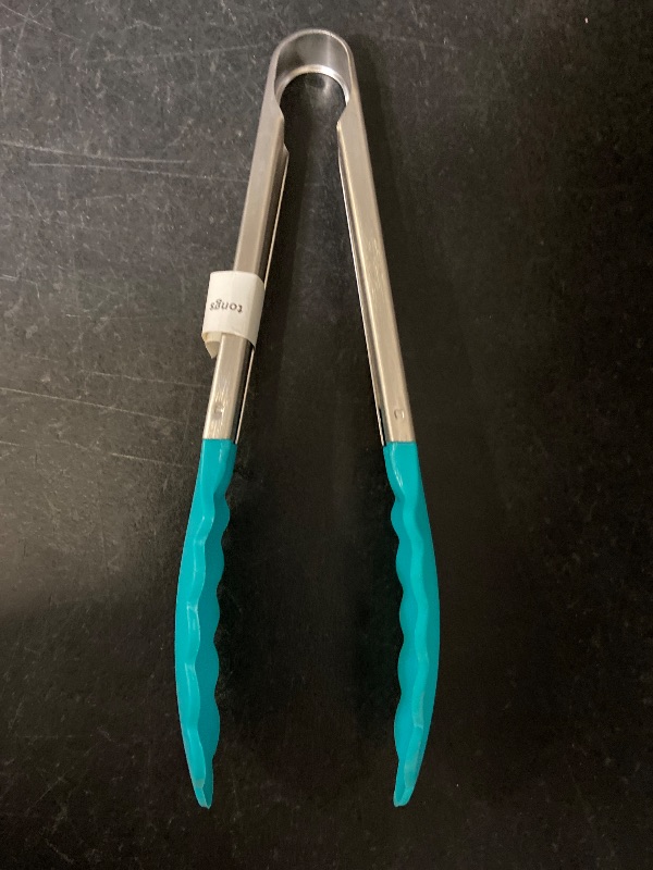 Photo 1 of 9in Silicone Non-Stick Kitchen Tongs with Stainless Steel Handle- Aqua