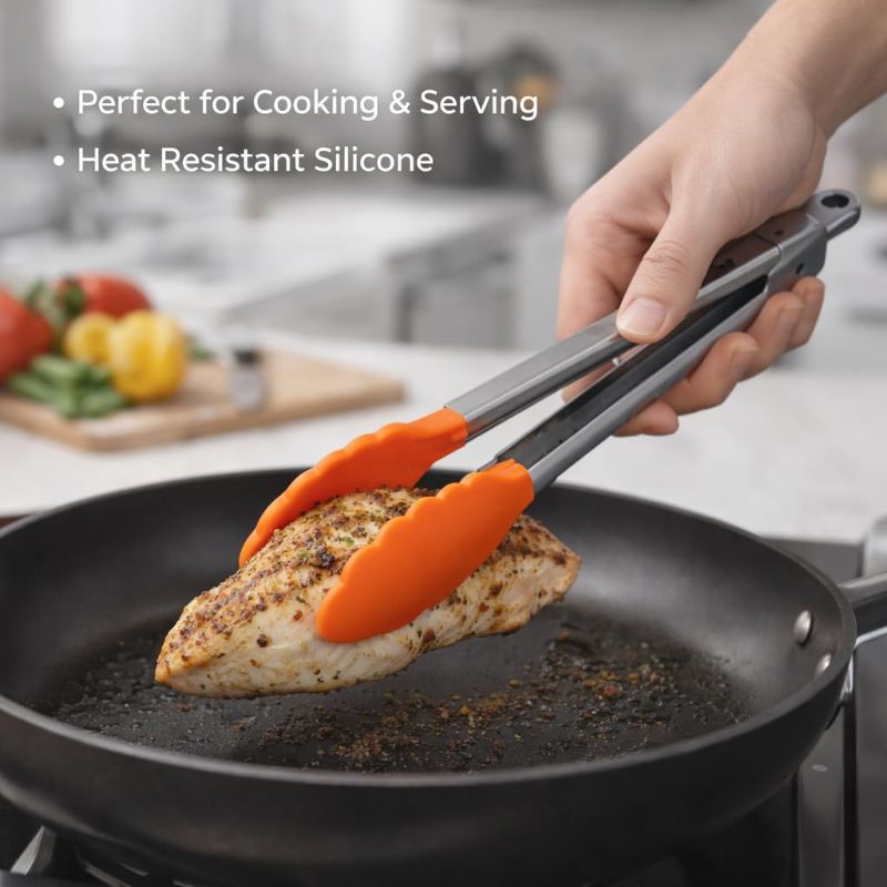 Photo 1 of 9in Silicone Non-Stick Kitchen Tongs with Stainless Steel Handle- Orange