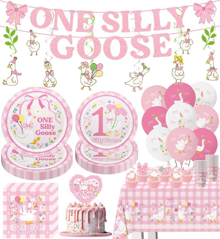 Photo 1 of 25 Guests One Silly Goose Birthday Decor Girl Set include Banner, Balloons, Tablecloth, Plates, Napkins, Cake Toppers, Cupcake Toppers for Pink Theme Girls' Birthday