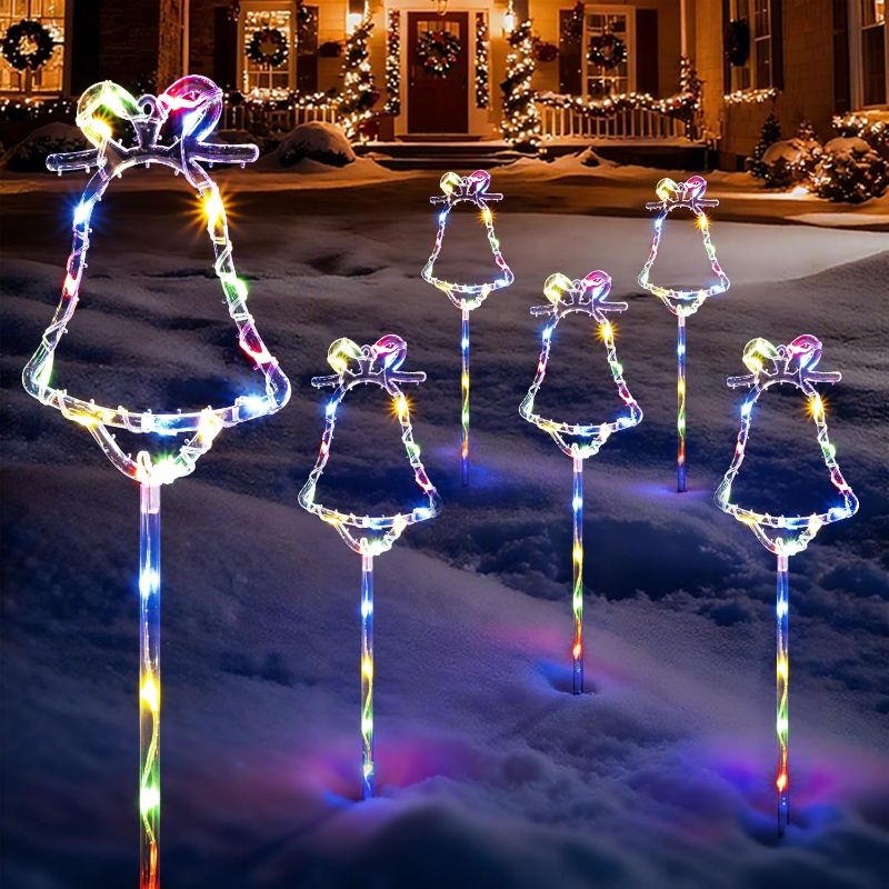 Photo 1 of 6 Packs Christmas Bell Solar Garden Lights with 8 Light Modes, 21.65 Inches Tall Christmas Outdoor Light with 20 LEDs Each, Solar Outdoor Xmas Decor for Garden, Path, Patio (Multiple-Colored)
