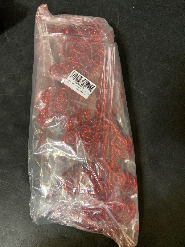 Photo 1 of 48PCS Christmas Tree Picks Decorations, 17” 12” Red  Artificial Glitter Curly Berry Stems Fake Candy Picks Ornaments Branches for Christmas Tree Topper Home Wreath Crafts Vase Filler Decor