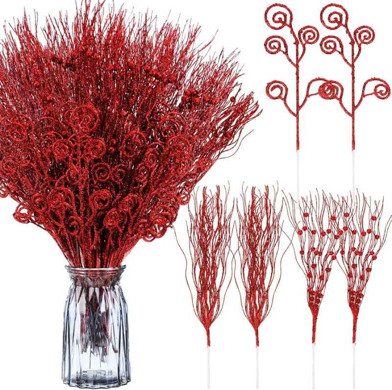 Photo 1 of 48PCS Christmas Tree Picks Decorations, 17” 12” Red  Artificial Glitter Curly Berry Stems Fake Candy Picks Ornaments Branches for Christmas Tree Topper Home Wreath Crafts Vase Filler Decor