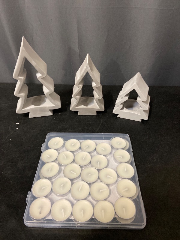 Photo 1 of 53 Pcs Christmas Tree Candle Holders Concrete Tea Light Holders Christmas Tree Table Centerpieces Party Decorations Xmas Gifts for Farmhouse Holiday Party Fireplace Mantel Decor