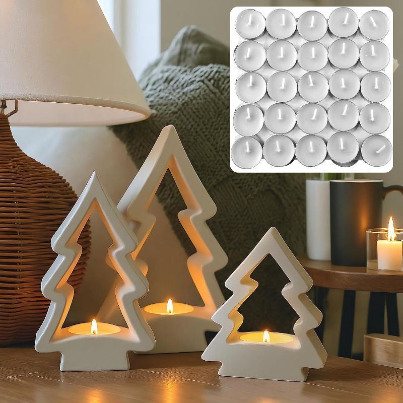 Photo 1 of 53 Pcs Christmas Tree Candle Holders Concrete Tea Light Holders Christmas Tree Table Centerpieces Party Decorations Xmas Gifts for Farmhouse Holiday Party Fireplace Mantel Decor