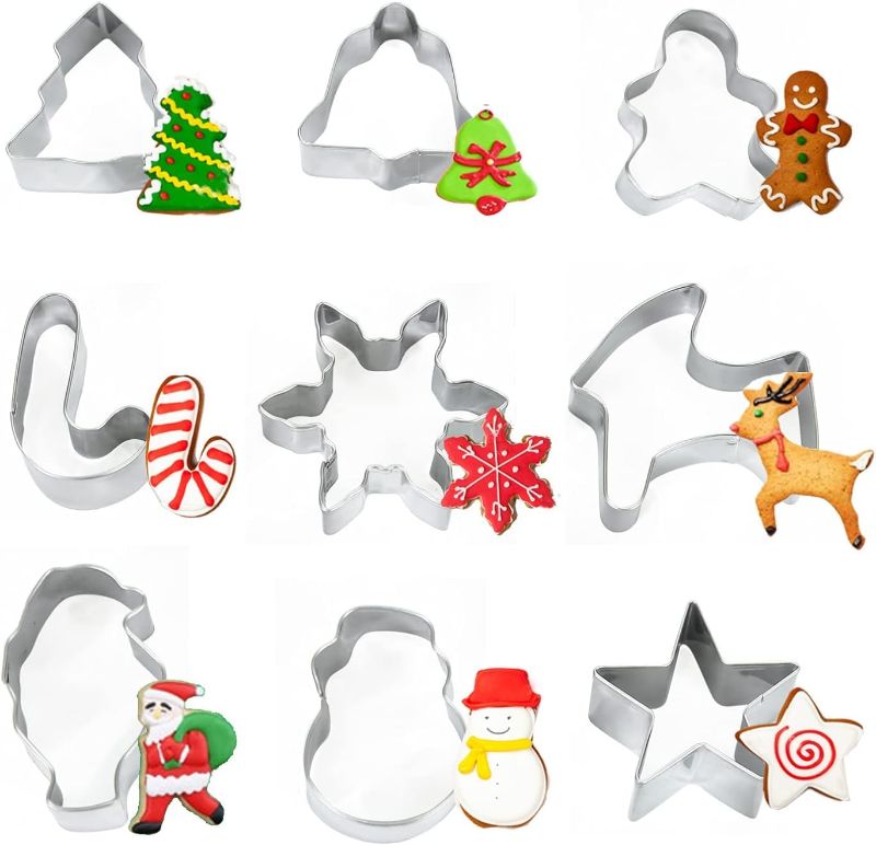 Photo 1 of Crethinkaty Mini Christmas Cookie Cutters Set 9 Pieces Stainless Steel Cookie Cutter Set for Baking -Tree,Snowflake,Snowman,Reindeer,Santa Claus, Star, Bell,Candy Cane,Gingerbread Man