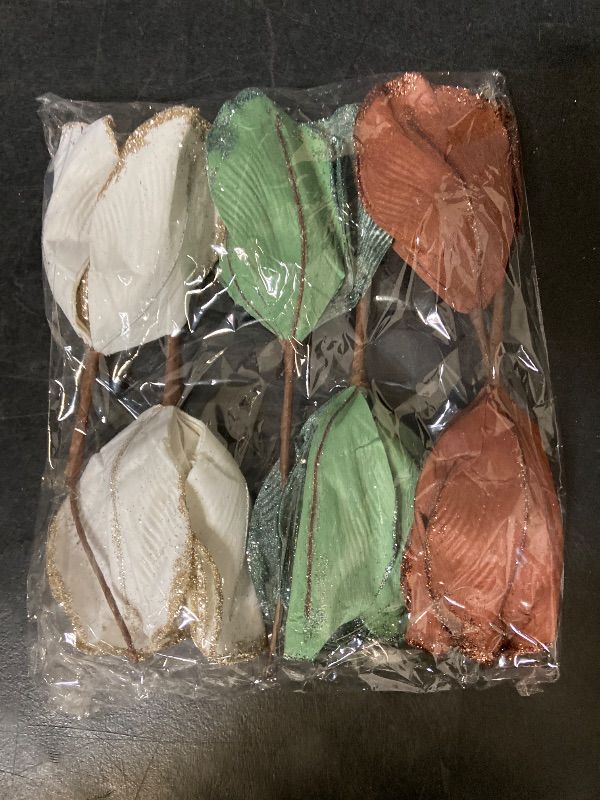 Photo 1 of 6 Pcs 9.8'' Large Christmas Magnolia Flowers Christmas Tree Ornaments Velvet Artificial Poinsettia Floral Picks Stems for Xmas Decorations(Cream Brown Green)