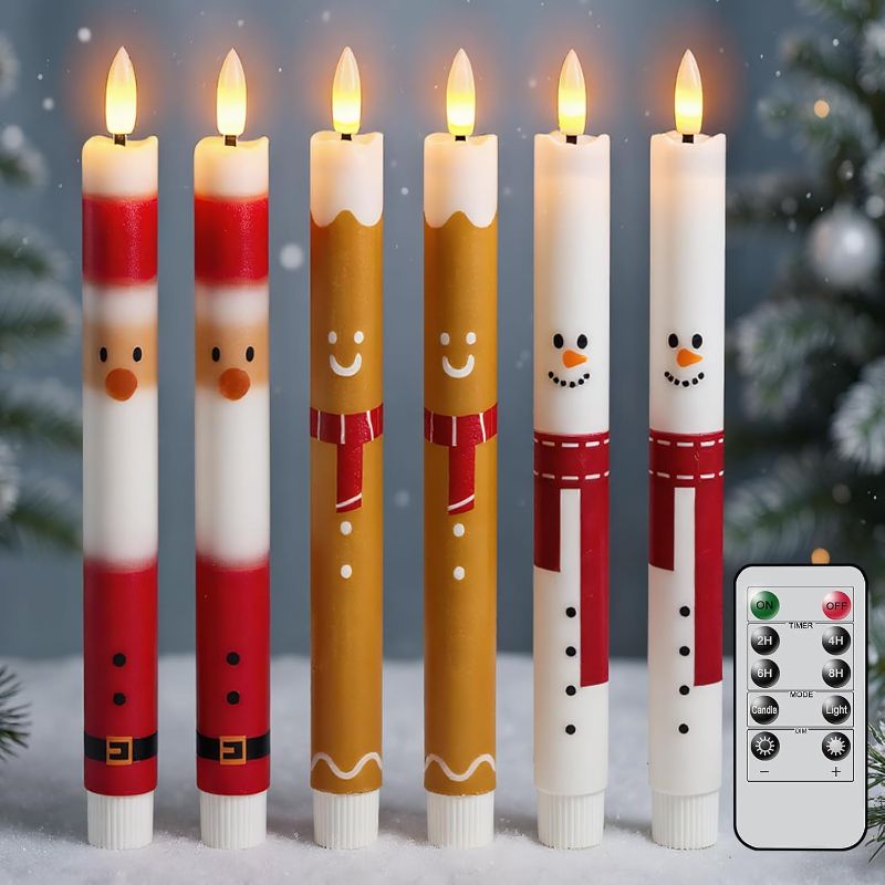 Photo 1 of Christmas Flameless Taper Candles, Taper Candles Battery Operated with Remote, 6 Pcs LED Candlesticks with Santa Gingerbread Man Snowman Pattern for Christmas Holiday Decor(Waxy, 0.78”x9.7”)
