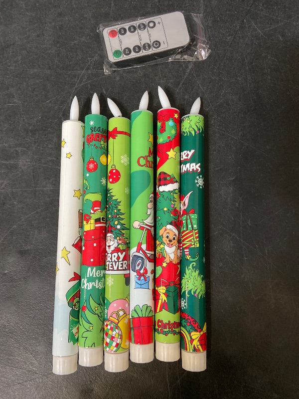 Photo 1 of Christmas Flameless Taper Candles, Taper Candles Battery Operated with Remote, 6 Pcs LED Candlesticks with Santa Gingerbread Man Snowman Pattern for Christmas Holiday Decor(Waxy, 0.78”x9.7”)

