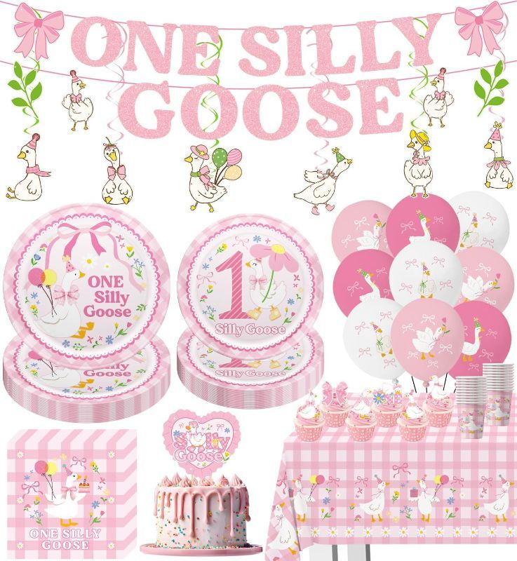 Photo 1 of 25 Guests One Silly Goose Birthday Decor Girl Set include Banner, Balloons, Tablecloth, Plates, Napkins, Cake Toppers, Cupcake Toppers for Pink Theme Girls' Birthday