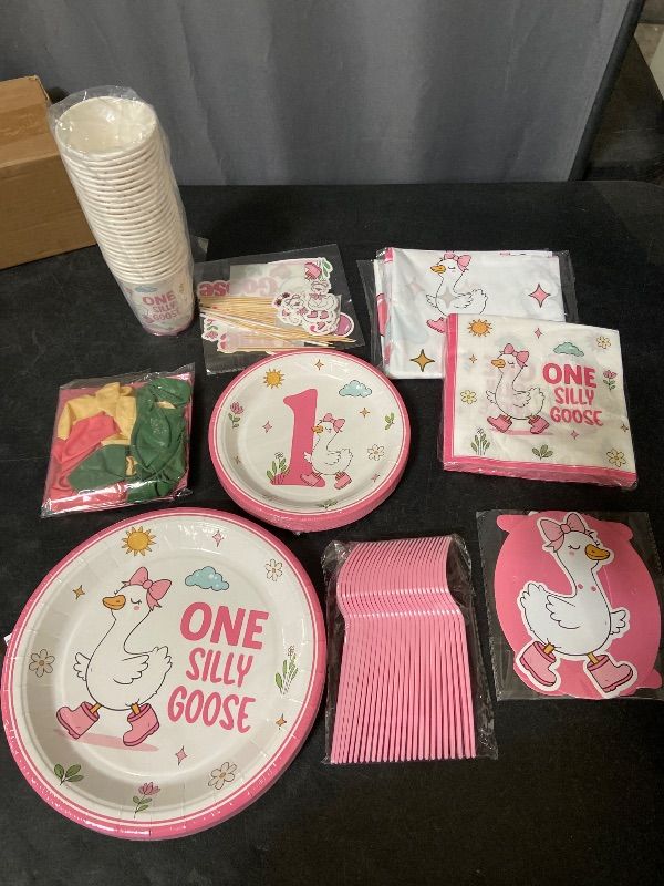 Photo 1 of 25 Guests One Silly Goose Birthday Decor Girl Set include Banner, Balloons, Tablecloth, Plates, Napkins, Cake Toppers, Cupcake Toppers for Pink Theme Girls' Birthday