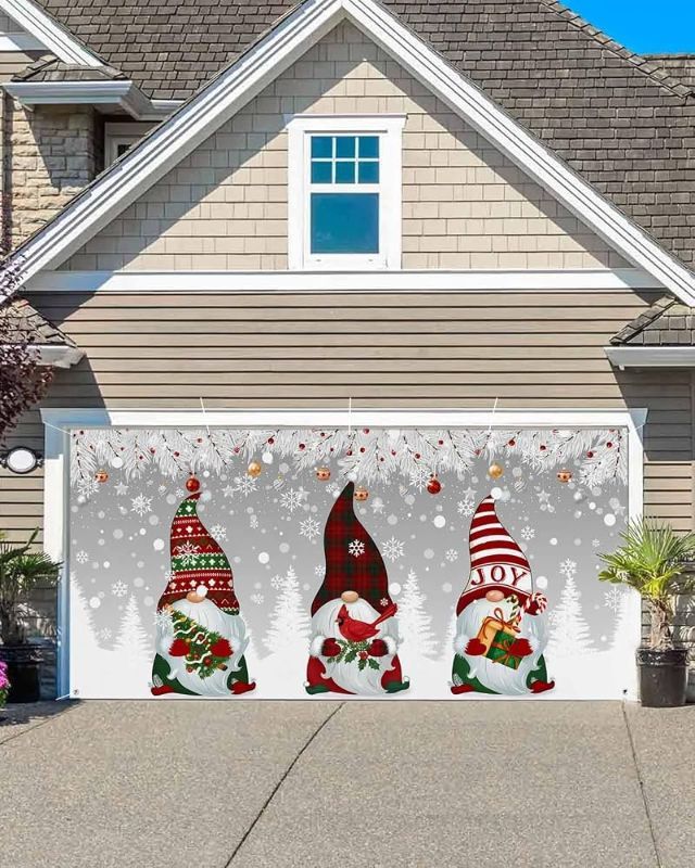 Photo 1 of 6x13ft Christmas Garage Door Banner Cover Decorations, Gnomes Silver Leaves Snowflake Xmas Tree Grey Outdoor Hanging Garage Door Covers Christmas Thanksgiving Large Wall Backdrop for Holiday Party,6x13ft
