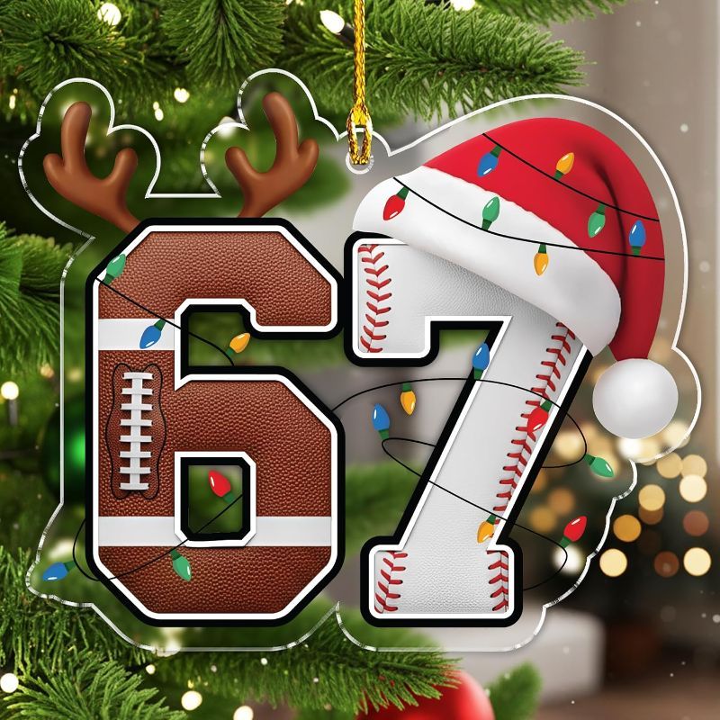Photo 1 of Sports 67 Christmas Ornament - Gen Z, Gen Alpha Slang Meme Decor Trendy for Teen, Kid, Adult - 67 Meme Acrylic Hanging Decor for Tree-Six Seven Ornaments 2025 - Funny White Elephant Gifts