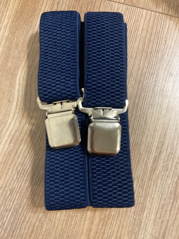 Photo 1 of Fasker Mens Suspenders X-Back Wide Adjustable Solid Straight Heavy Duty Clip Suspenders for Men Women, X-Back Navy Blue