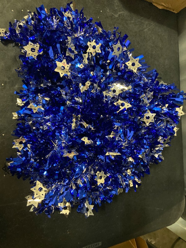 Photo 1 of 66 ft Hanukkah Tinsel Garland with LED Light String Hanukkah Blue Metallic Streamers with Silver Menorah Chanukah Ornaments for Indoor Outdoor Decoration Home Party Supplies