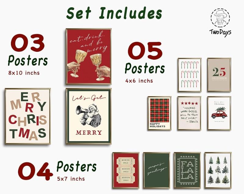 Photo 1 of TwoDays Trendy Christmas Wall Art, Retro Holiday Classic Xmas Aesthetic Poster for Room Decor, Santa Pine Tree Cheers Gallery Artwork Prints. (Multi Sizes, 8" X 10" Largest, Set of 12, UNFRAMED)