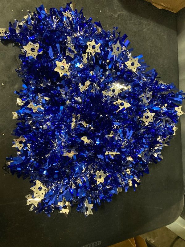 Photo 1 of 66 ft Hanukkah Tinsel Garland with LED Light String Hanukkah Blue Metallic Streamers with Silver Menorah Chanukah Ornaments for Indoor Outdoor Decoration Home Party Supplies