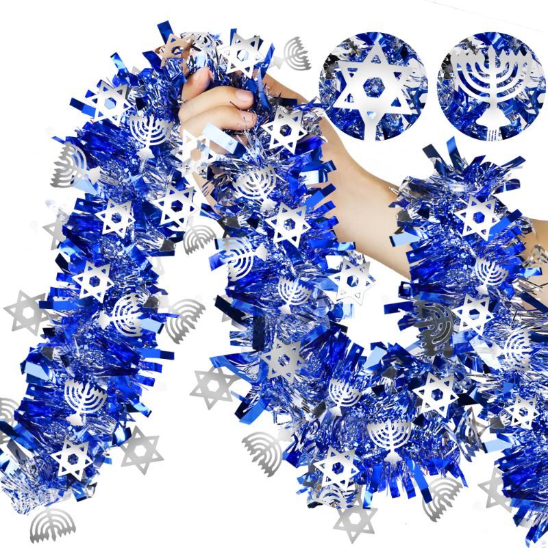 Photo 1 of 66 ft Hanukkah Tinsel Garland with LED Light String Hanukkah Blue Metallic Streamers with Silver Menorah Chanukah Ornaments for Indoor Outdoor Decoration Home Party Supplies