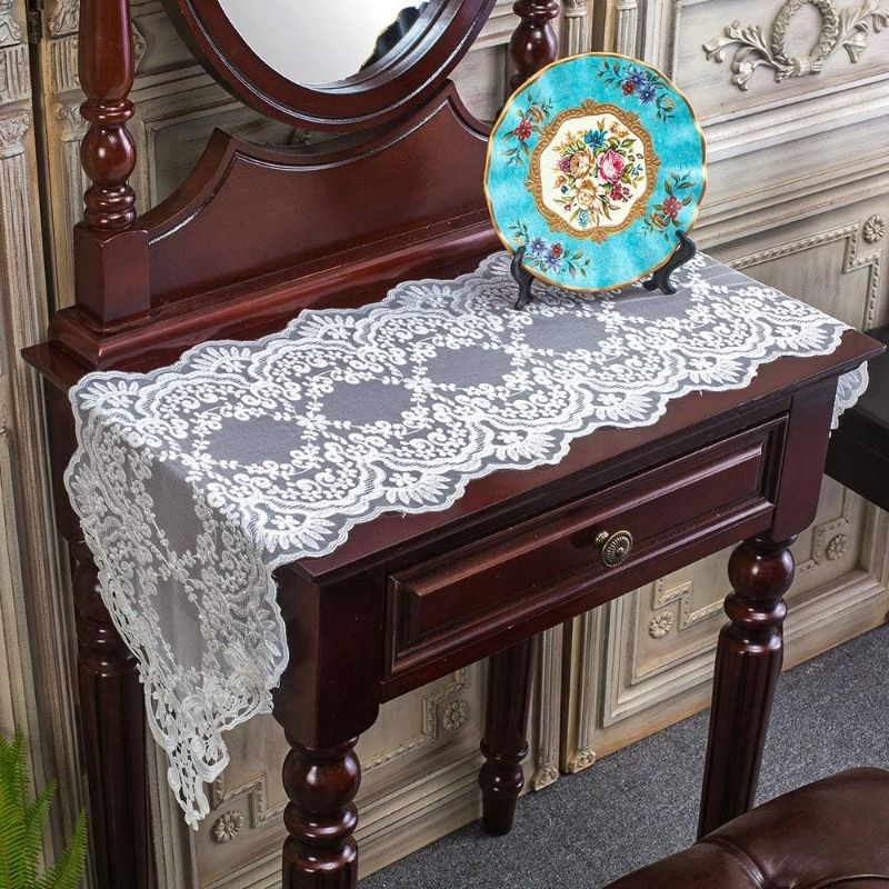 Photo 1 of ARTABLE Rectangle Table Runner Lace Macrame Embroidered Table Runners with Exquisite Vintage Shabby Chic for Holiday Wedding Long Dinner Tables (White, 12 x 48 Inch)