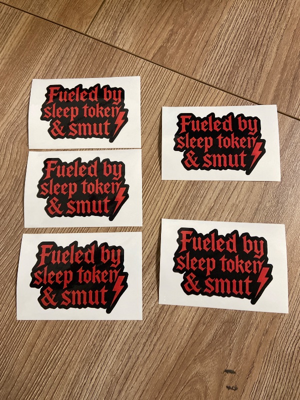 Photo 1 of (5 PCS) Fueled by Sleep Token & Smut Sticker 3 inch, Funny Gothic Meme Music Fan Decal, Waterproof Vinyl for Laptop Water Bottles Phone Car Helmet