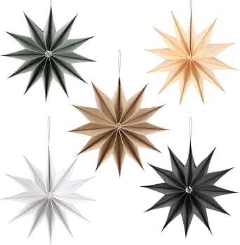 Photo 1 of 5 Pcs Brown 12 Pointed Hanging Paper Lanterns - 12 Inch Black Beige Star Decorations for Xmas, Wedding, Birthday Parties