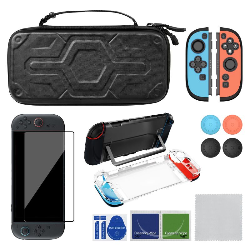 Photo 1 of AKNES Switch 2 Accessories Bundle Kit, Carrying Case for Nintendo Switch 2 (2025), Clear Slim Dockable Protective Case, Silicone and PC JoyCon Case Cover, Glass Screen Protectors, Thumb Grip Caps