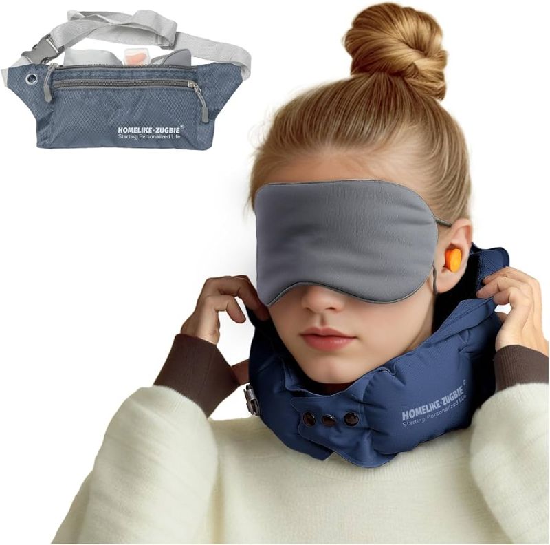 Photo 1 of Inflatable Travel Pillow for Airplane, Inflatable Neck Pillow Airplane for Travel Office Nap Neck Support, Professional Sleeping Eye Mask and Highly Silent-Navy Blue
